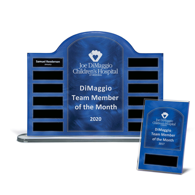 Blue Steel Contoured Lucite 12-Plate Award on Base
with Easy Perpetual Plate Release Program
and 12 Individual 4" x 6" C