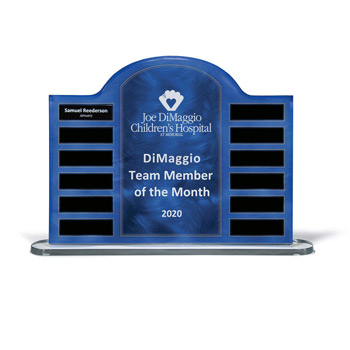 Blue Steel Contoured Lucite 12-Plate Award on Base
with Easy Perpetual Plate Release Program