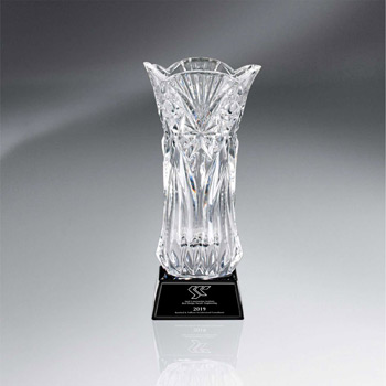 Lead Crystal Vase on Rich Black Glass Base - Medium with Black Lasered Plate